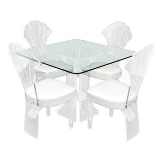 Set of 4 Lucite Dining Chairs Square Dining Table on Single Pedestal Base For Sale