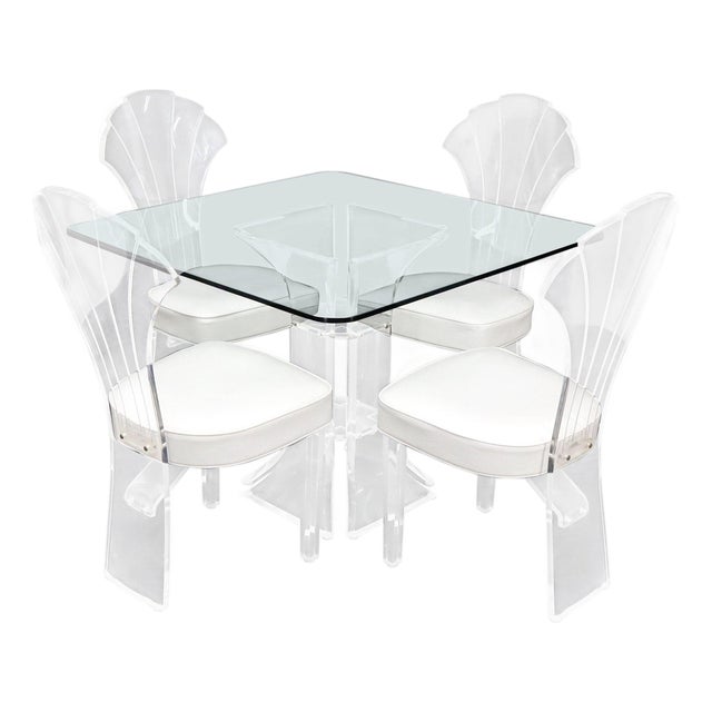 Set of 4 Lucite Dining Chairs Square Dining Table on Single Pedestal Base For Sale
