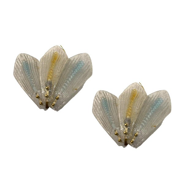 Murano glass sconces set of 2 clear frosted glass with light blue and gold details height 38 cm width 42 cm depth 6 cm...