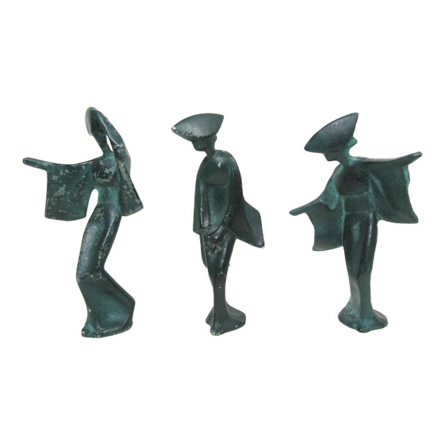1950s Set of 3 Verdigris Cast-Iron Japanese Awa Odori Geisha Dancers, 7" MCM For Sale
