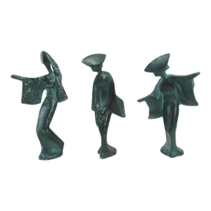 1950s Set of 3 Verdigris Cast-Iron Japanese Awa Odori Geisha Dancers, 7" MCM