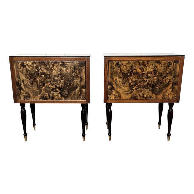 Mid-Century Italian Art Deco Style Nightstands in Walnut with Glass Tops, 1950s, Set of 2 For Sale