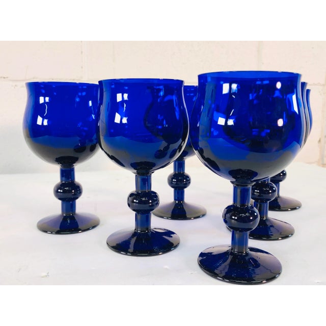 Blue Art Deco Style Cobalt Glass Wine Stems, Set of 6 For Sale - Image 8 of 10