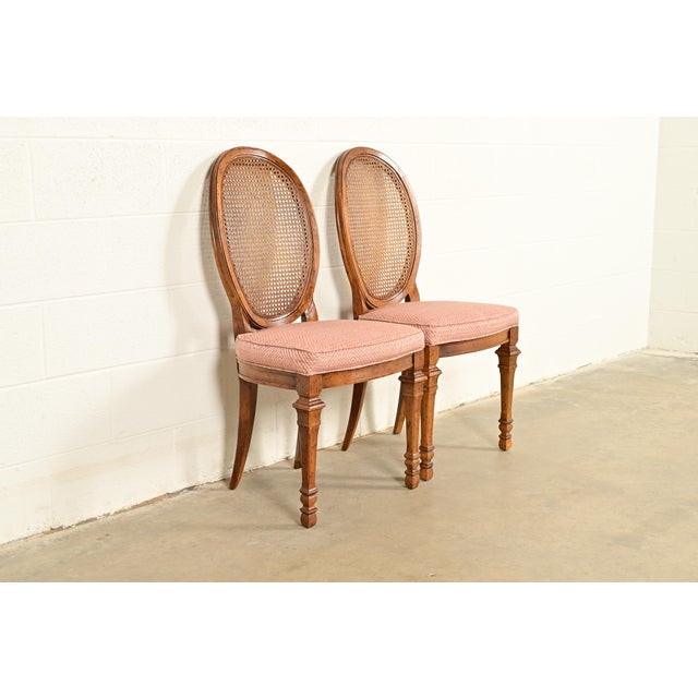French Drexel French Regency Louis XVI Carved Walnut Cane Back Side Chairs or Dining Chairs | Pair For Sale - Image 3 of 15