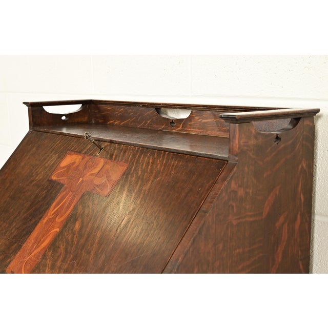 Stickley Brothers Style Antique Mission Oak Arts & Crafts Drop Front Secretary Desk With Inlaid Marquetry, Circa 1910 For Sale - Image 10 of 16