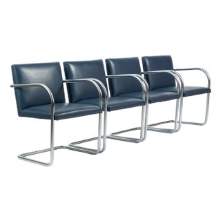 Mid Century Modern Blue Leather Brno Arm Chairs by Mies Van Der Rohe for Knoll, Set of 4 For Sale