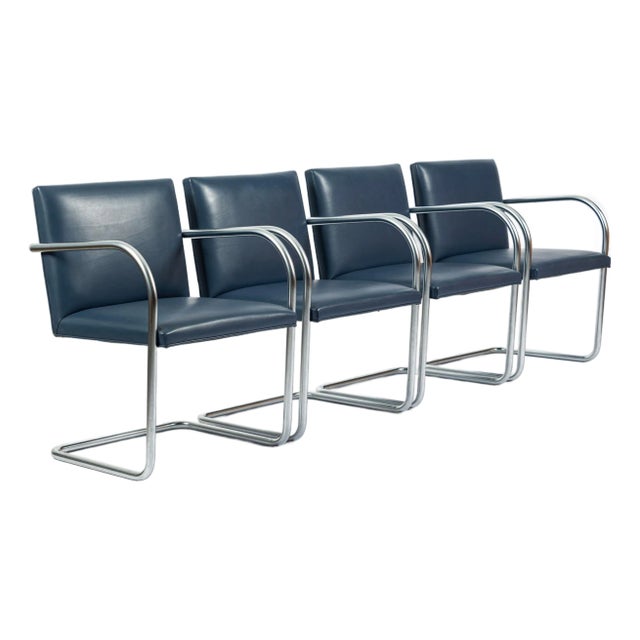 Mid Century Modern Blue Leather Brno Arm Chairs by Mies Van Der Rohe for Knoll, Set of 4 For Sale