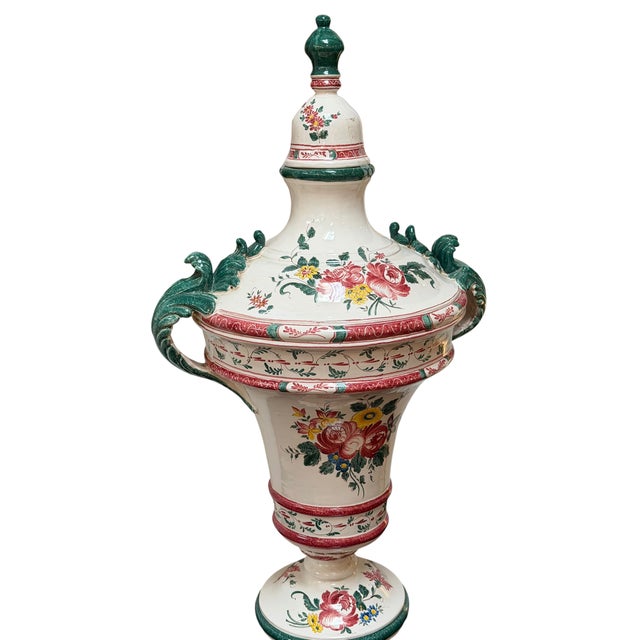 1 of 2 Huge Vintage Faience Pottery Covered Urn For Sale In Los Angeles - Image 6 of 8
