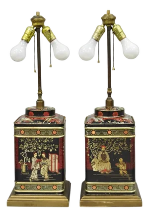 Vintage Chinoiserie Tole Metal Square English Tea Canister Table Lamps - A Pair