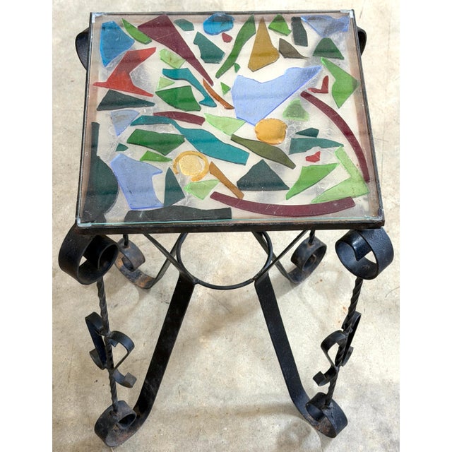 Metal Italian Mid-Century Wrought Iron Mosaic Glass Side Table, 1960s For Sale - Image 7 of 9