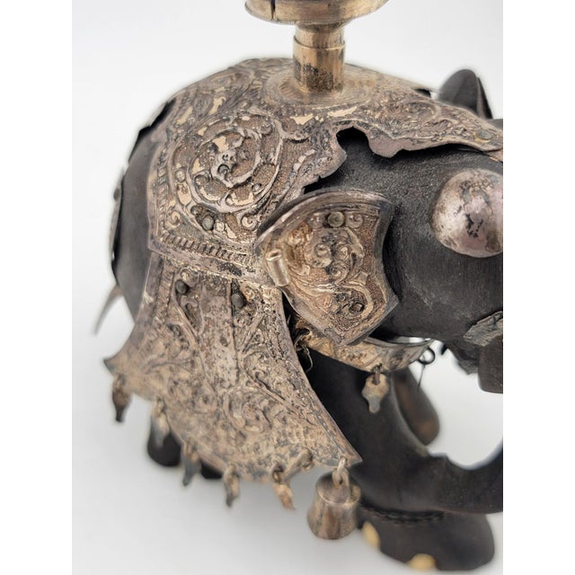 Indian Rare Antique Indian Ebony Silver Overlay Jeweled Elephant W Real Ruby Stone. For Sale - Image 3 of 18