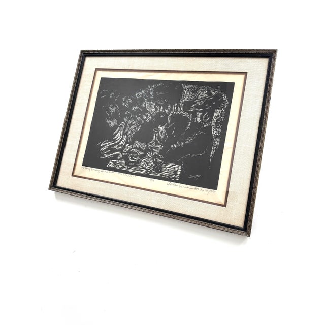 Vintage 1953 Miron Sima Woodblock Print “Friday Evening at the Rabbi” Signed Jewish Wall Art For Sale - Image 4 of 12