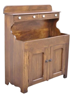 Antique American Colonial Primitive Pine Wood Stepback Drysink Hutch Cupboard