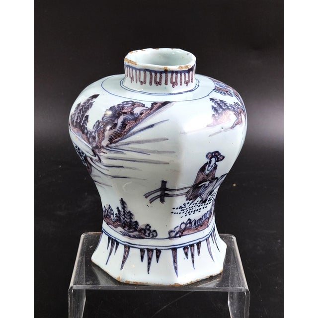 Ceramic Antique Dutch Blue and Manganese Octagonal Baluster Vase from Delft, 1680 For Sale - Image 7 of 13
