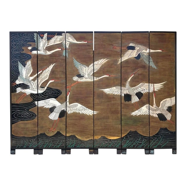 Decorative Japanese Six-Panel Double-Sided Lacquer Folding Screen With Hand-Painted Cranes For Sale