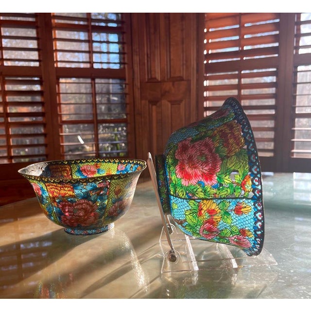 A large pair of Chinese cloisonné enamel bowl made with the technique of plique-à-jour (means "letting in daylight" in...