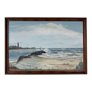 Vintage Cosman Coastal Lighthouse Impressionist Oil Painting on Masonite Board – Framed For Sale