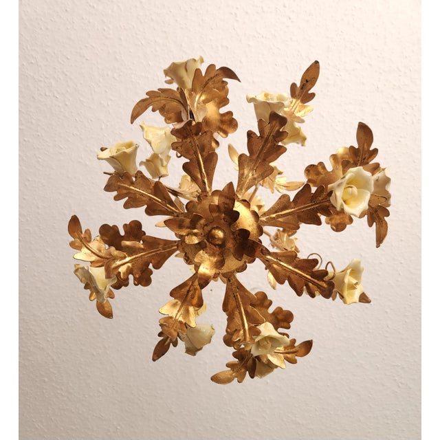 Vintage Gold-Plated and Hand-Forged Florentine Pendant Lamp with Porcelain Roses, 1960s For Sale - Image 10 of 18