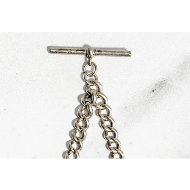 Handsome Antique Sterling Silver Double Albert Pocket Watch Chain and Enamel Vesta Case Edwardian Tobacciana Design Men's Accessory For Sale - Image 15 of 17