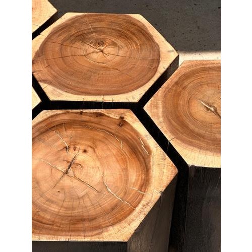 Hexagonal Stools in Two-Tone Suar, Set of 5 For Sale - Image 11 of 18