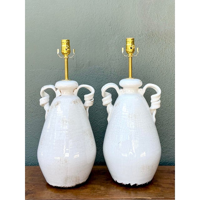 White Vintage Crackle Glaze Ceramic Lamps - a Pair For Sale - Image 8 of 12