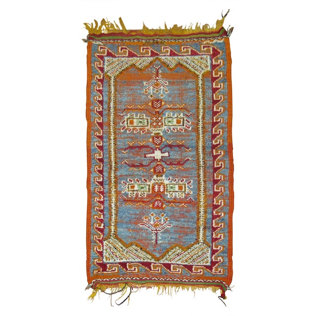 Odd size one of a kind blue and orange vintage Moroccan mini size rug Measures: 2' x 3'4''.