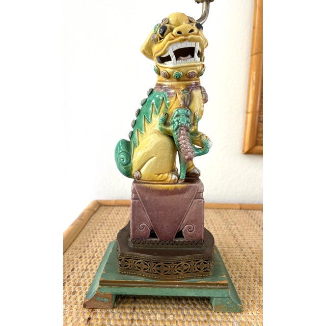 Vintage Foo Dog Lamp With Pleated Shade | Chairish