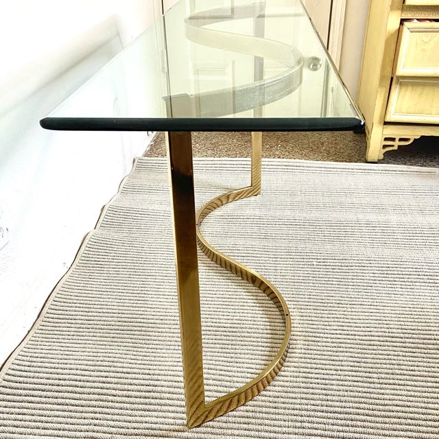 Brass Mid 20th Century Hollywood Regency Style Glass and Brass Console Table For Sale - Image 8 of 13