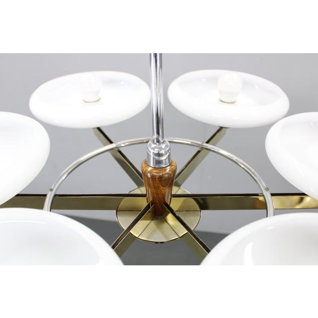 Art Deco Six-Light Chandelier in Brass and Opaline Glass, 1940s For Sale - Image 6 of 11