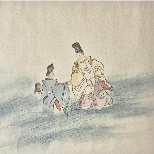 Paper Set of 3 Antique Japanese Paintings Depicting the Art of Archery, Renga Poetry and Noble Lords – Newly Framed For Sale - Image 7 of 7