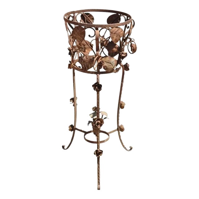 Vintage French Art Nouveau Wrought Iron Leaf Vine Garden Planter Pot Plant Stand For Sale