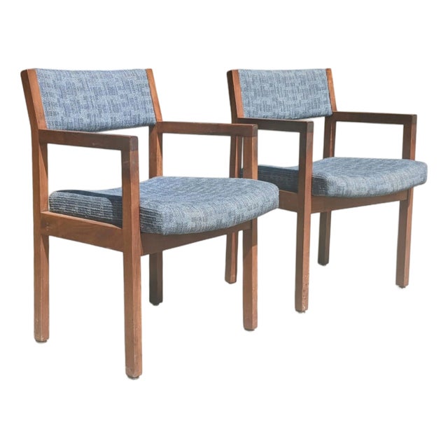 Mid Century Modern Blue Tweed Upholstered Walnut Arm Chairs- A Pair For Sale