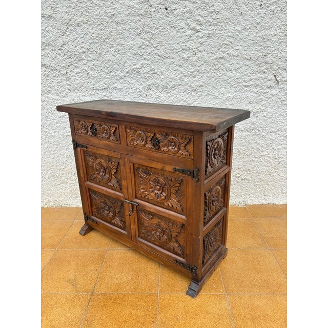 Rustic Spanish Rustic Castilian Carved Wood Cabinet, 1930s For Sale - Image 3 of 18