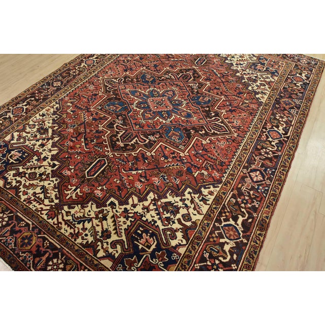 Tribal Heriz Rug 7’8” X 10’6” Red Wool Vintage Tribal Hand-Knotted Oriental Carpet For Sale - Image 3 of 15