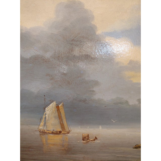 J. Brown 1920s Tranquil Seashore Scene With Human Activities - Oil Painting For Sale - Image 4 of 9