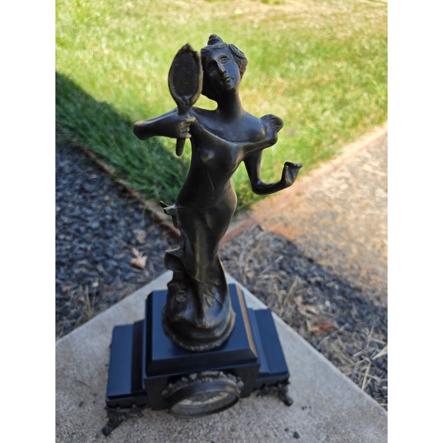 Fine French Art Deco Timepiece: 13lb Patinated Bronze Vanity Sculpture Signed Cuaut on Multi-Tier Black Marble Plinth (Circa 1930) For Sale - Image 4 of 10