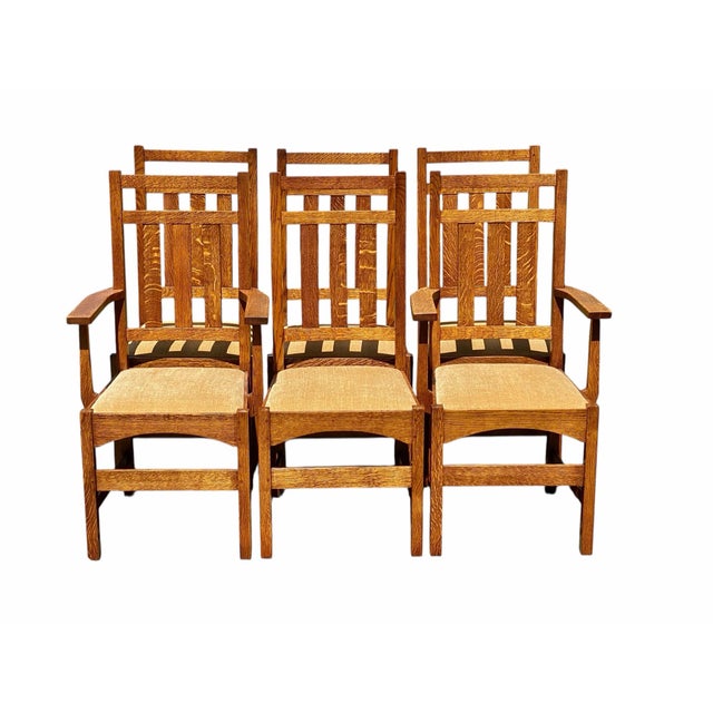 Bay Colony Antiques is delighted to offer for sale this exceptional vintage set of six 20th century quarter sawn oak...