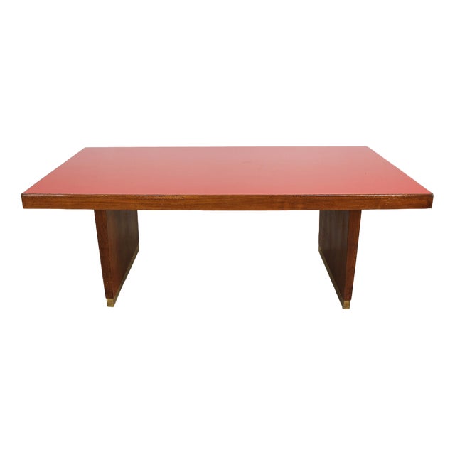 Table in Oak, Brass and Red Laminate by Gio Ponti, Italy, 1950s For Sale