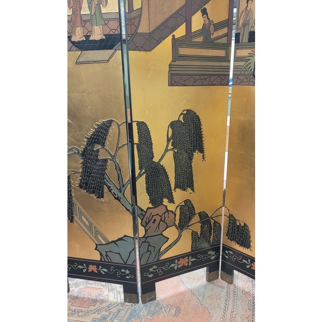 Vintage Chinese Sculpted Four Part Folding Screen For Sale - Image 11 of 18