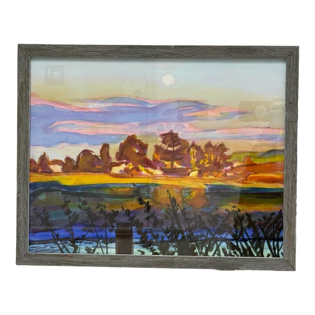 Post Impressionistic Original Watercolor Art Work, Framed For Sale