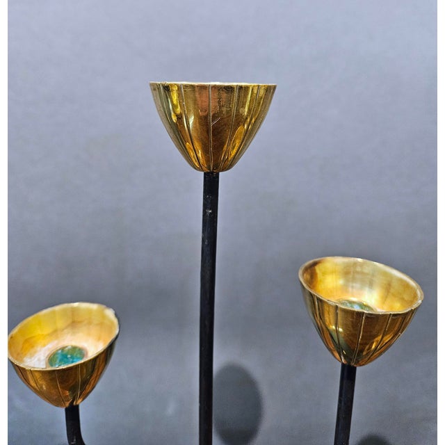 Brass Swedish Mid-Century Pair of Brass and Lacquered Steel Candelabra by Gunnar Ander For Sale - Image 8 of 9