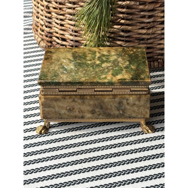 Mid-Century Italian Grand Tour Green Alabaster Box With Brass Paw Feet For Sale - Image 11 of 15