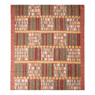Rug & Kilim's Scandinavian Red and Green Wool Rug - Natural Yarn 3x12 For Sale