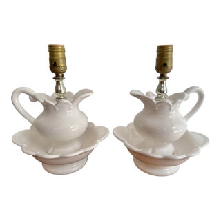 1970s French Country White Ceramic Pitcher and Basin Lamp Pair For Sale