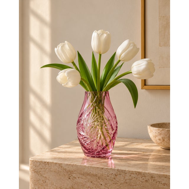 A striking cranberry-pink cased-glass vase featuring deeply cut geometric decoration that reveals the clear glass beneath....
