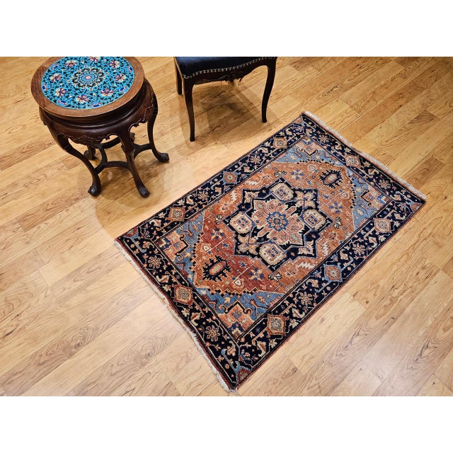 Antique Persian Heriz Serapi Rug, Hand-Knotted Wool, Geometric Pattern, Brick-Red & Blue, 3x3 For Sale - Image 10 of 13