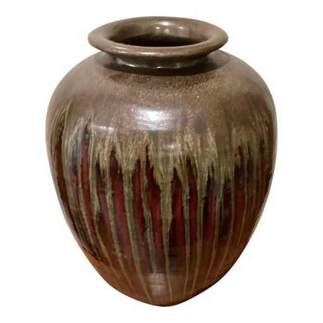 Vintage Exta Large Stoneware Iridescent Colors Drip Glaze Pottery Vase For Sale