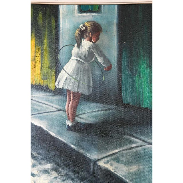 A good mid-century modernist painting of a young girl at play with a hoola hoop. The work is a very pleasant juxtaposition...