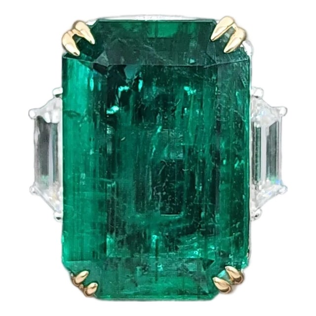 12.49 Ct Gia Certified Natural Zambian Emerald & Diamond Ring, Size 6.5 For Sale