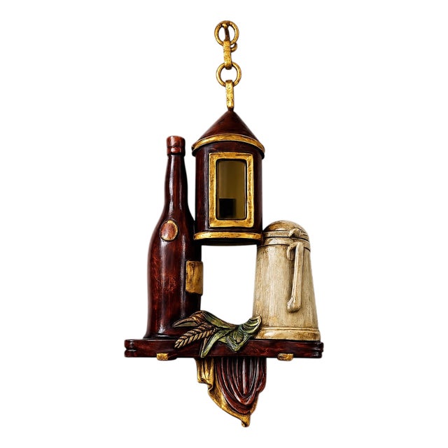 Italian Murano Glass Beer Lantern Wall Light in Hand-Carved Wood, 1970s For Sale